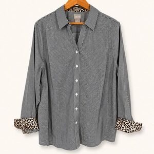 Chico's Women 3 Button Down Striped Leopard Cuff No Iron Shirt Professional Chic